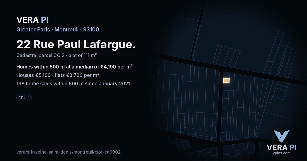 22 Rue Paul Lafargue, Montreuil at night – the plot lit, the parcels around coloured by the prices near them