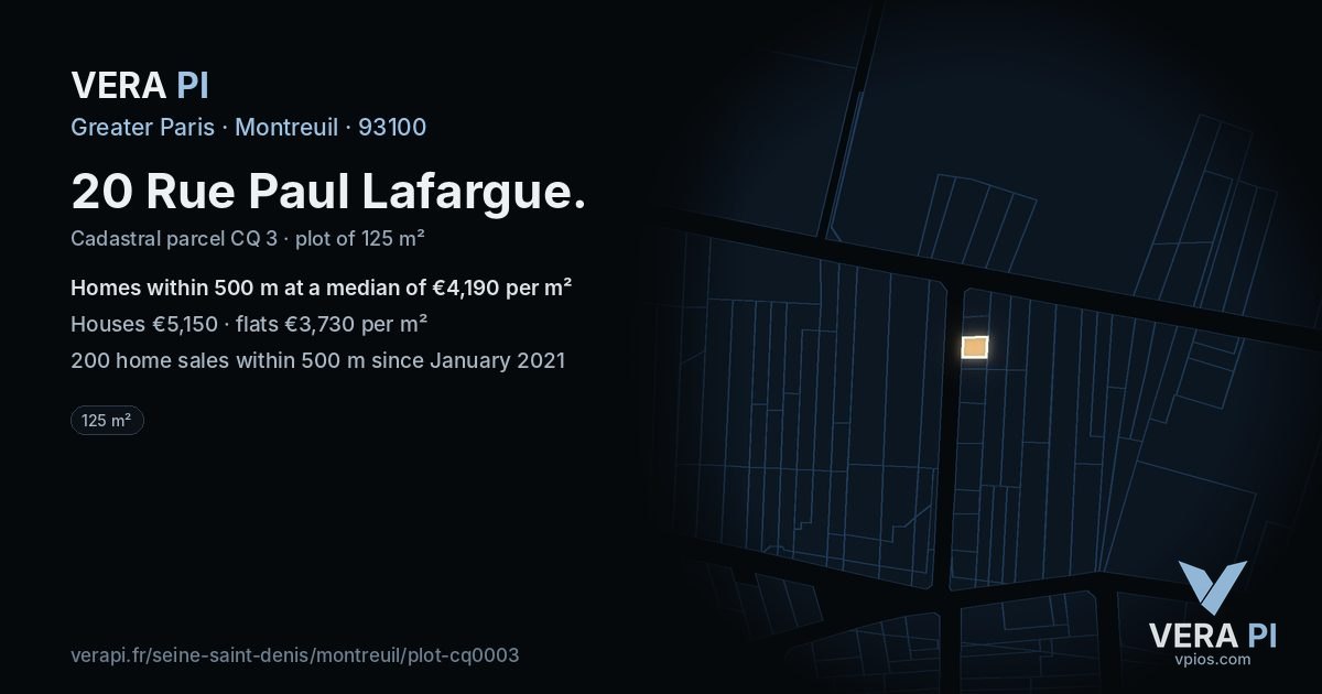 20 Rue Paul Lafargue, Montreuil at night – the plot lit, the parcels around coloured by the prices near them