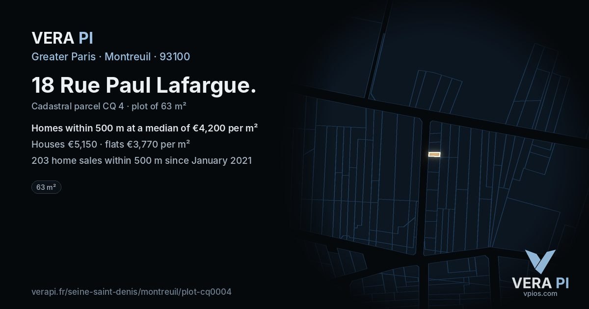 18 Rue Paul Lafargue, Montreuil at night – the plot lit, the parcels around coloured by the prices near them