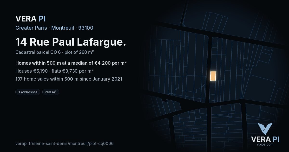 14 Rue Paul Lafargue, Montreuil at night – the plot lit, the parcels around coloured by the prices near them