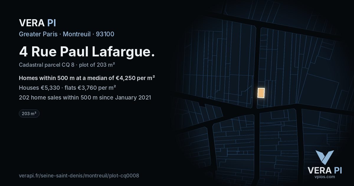 4 Rue Paul Lafargue, Montreuil at night – the plot lit, the parcels around coloured by the prices near them