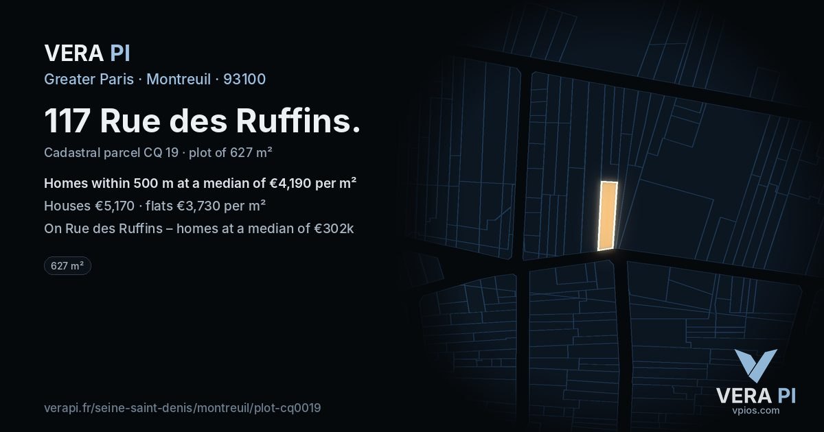 117 Rue des Ruffins, Montreuil at night – the plot lit, the parcels around coloured by the prices near them