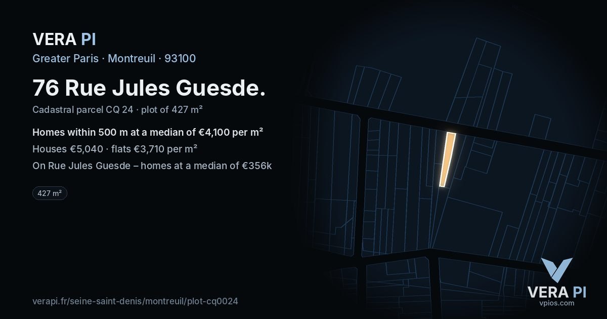 76 Rue Jules Guesde, Montreuil at night – the plot lit, the parcels around coloured by the prices near them