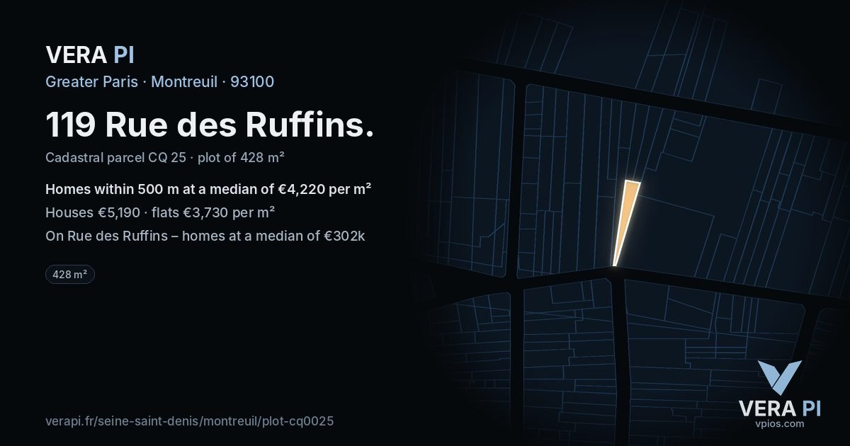 119 Rue des Ruffins, Montreuil at night – the plot lit, the parcels around coloured by the prices near them