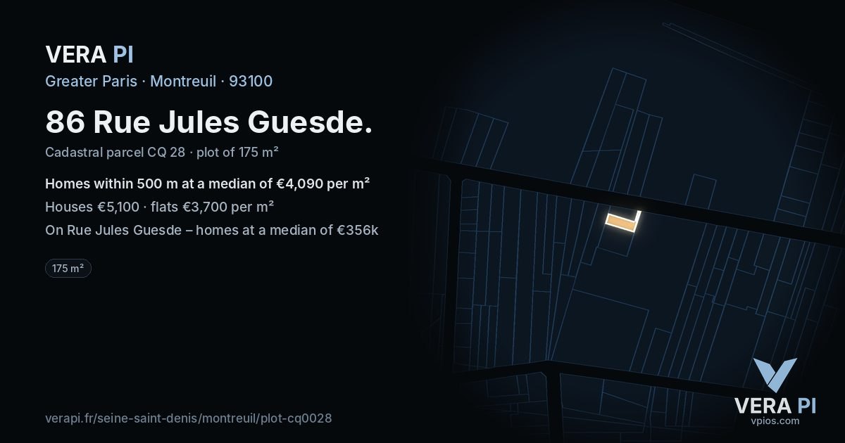 86 Rue Jules Guesde, Montreuil at night – the plot lit, the parcels around coloured by the prices near them