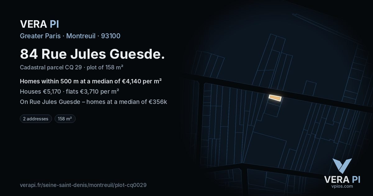 84 Rue Jules Guesde, Montreuil at night – the plot lit, the parcels around coloured by the prices near them