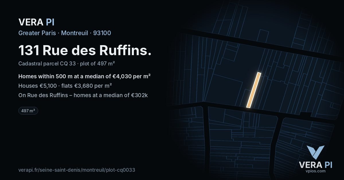 131 Rue des Ruffins, Montreuil at night – the plot lit, the parcels around coloured by the prices near them