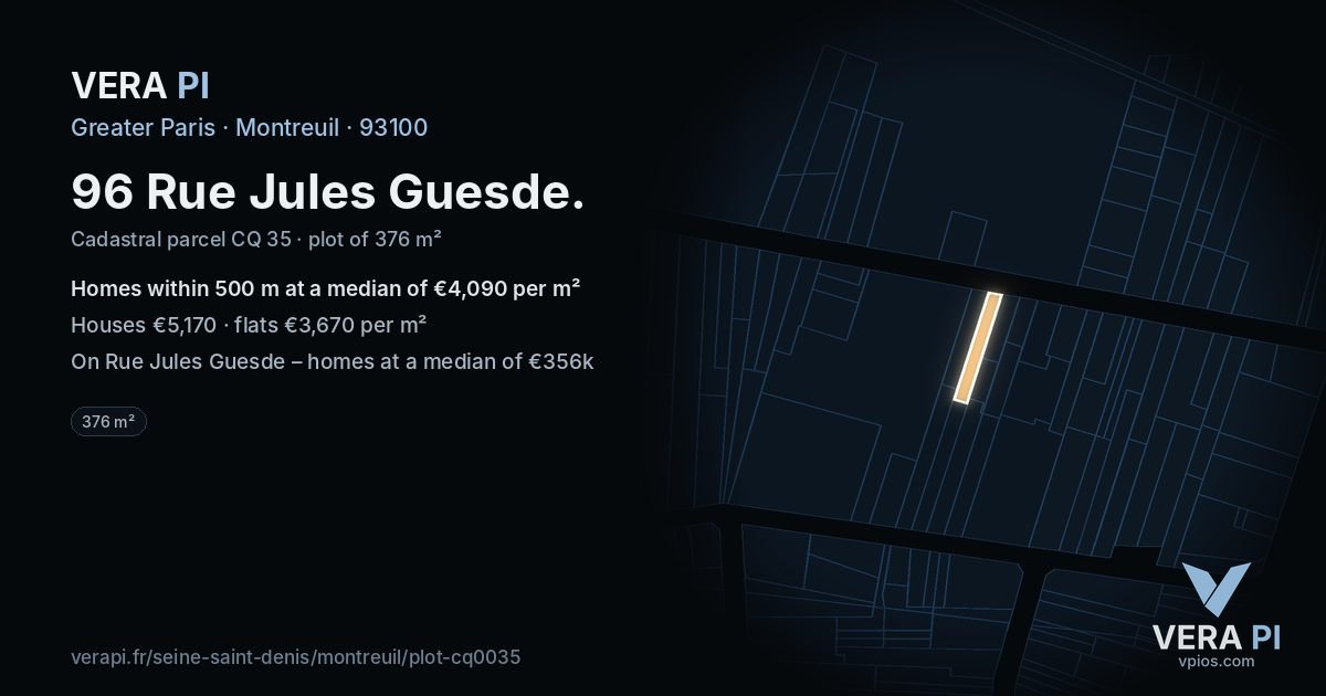 96 Rue Jules Guesde, Montreuil at night – the plot lit, the parcels around coloured by the prices near them