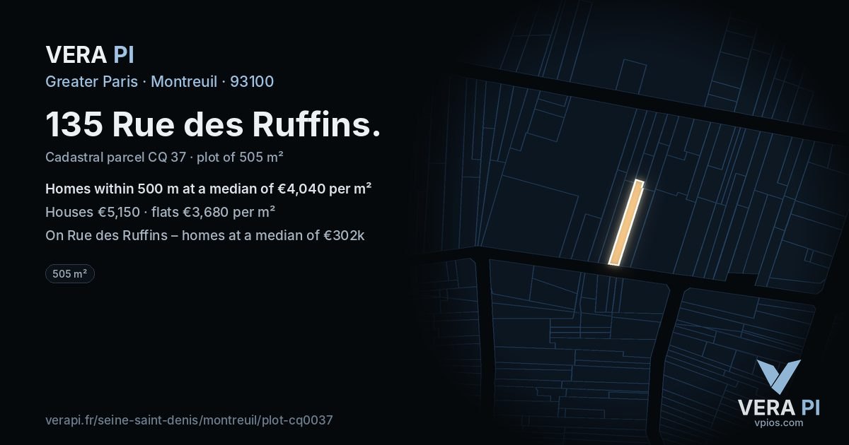 135 Rue des Ruffins, Montreuil at night – the plot lit, the parcels around coloured by the prices near them