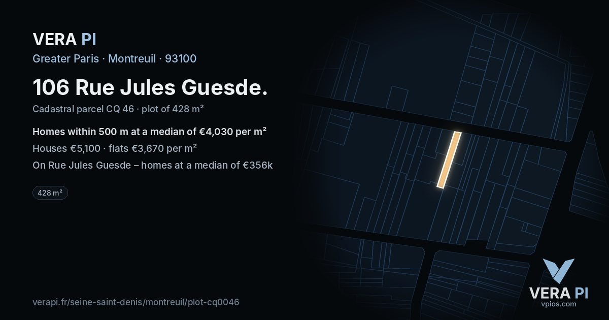 106 Rue Jules Guesde, Montreuil at night – the plot lit, the parcels around coloured by the prices near them