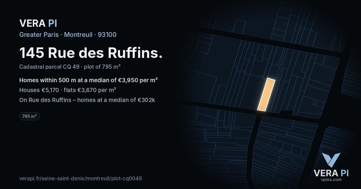 145 Rue des Ruffins, Montreuil at night – the plot lit, the parcels around coloured by the prices near them