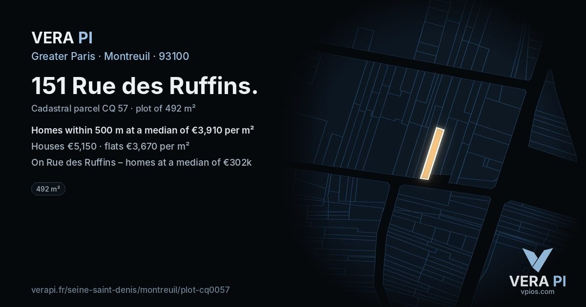 151 Rue des Ruffins, Montreuil at night – the plot lit, the parcels around coloured by the prices near them