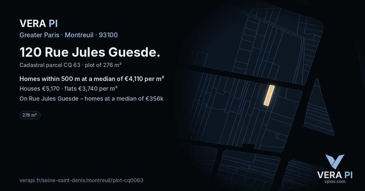 120 Rue Jules Guesde, Montreuil at night – the plot lit, the parcels around coloured by the prices near them