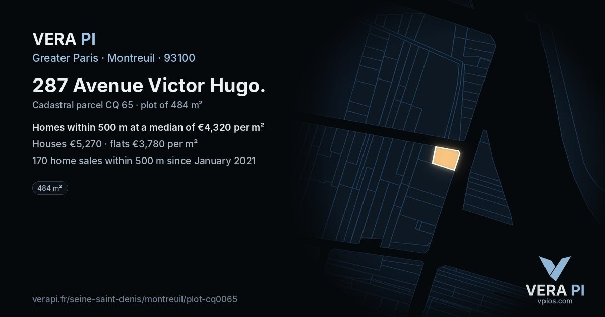 287 Avenue Victor Hugo, Montreuil at night – the plot lit, the parcels around coloured by the prices near them