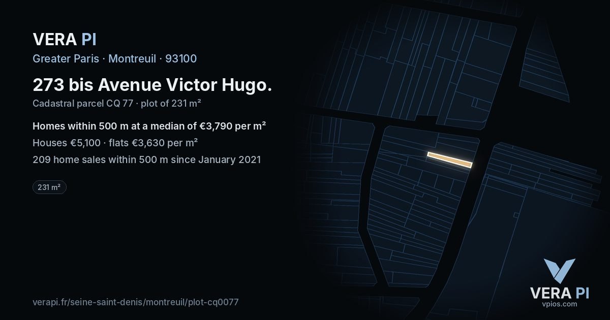 273 bis Avenue Victor Hugo, Montreuil at night – the plot lit, the parcels around coloured by the prices near them