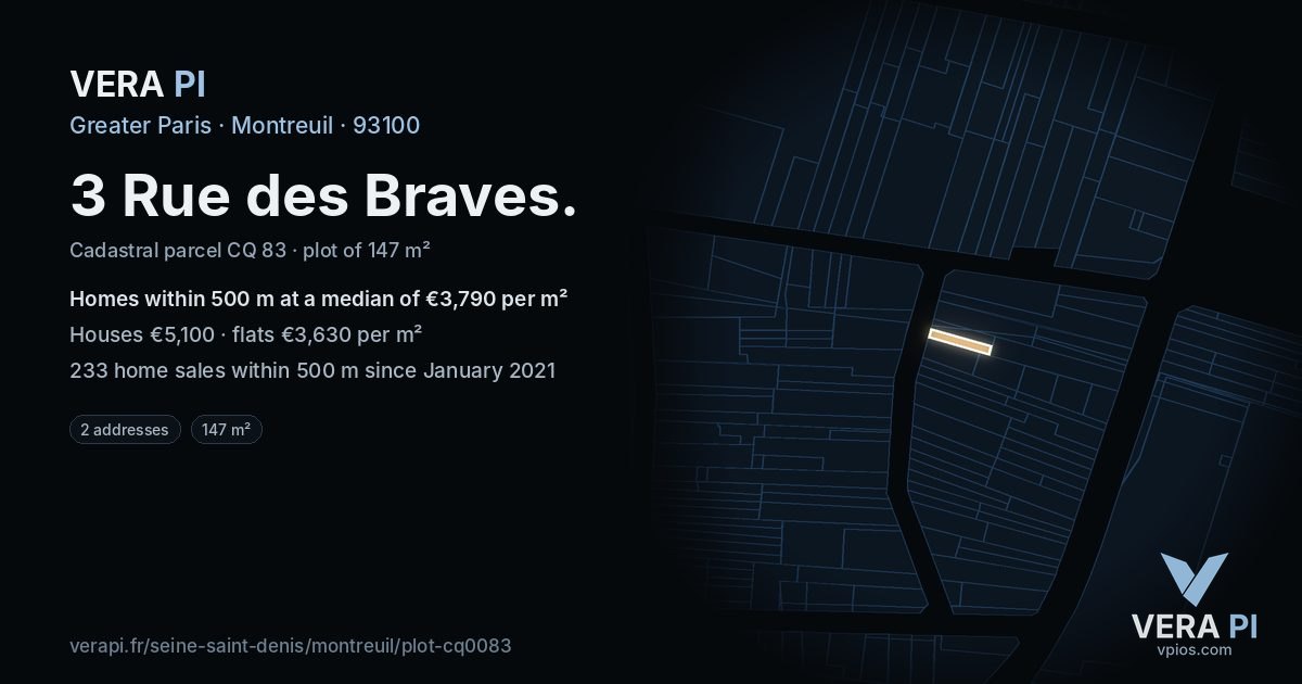 3 Rue des Braves, Montreuil at night – the plot lit, the parcels around coloured by the prices near them