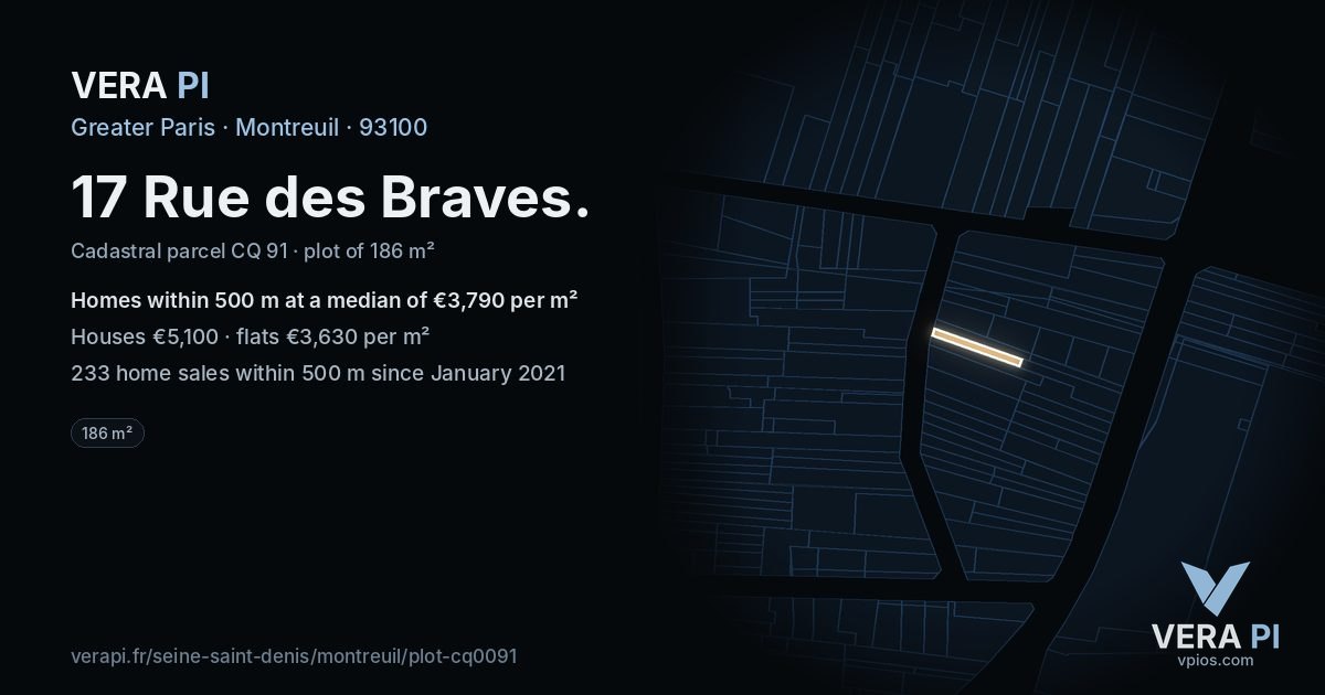 17 Rue des Braves, Montreuil at night – the plot lit, the parcels around coloured by the prices near them