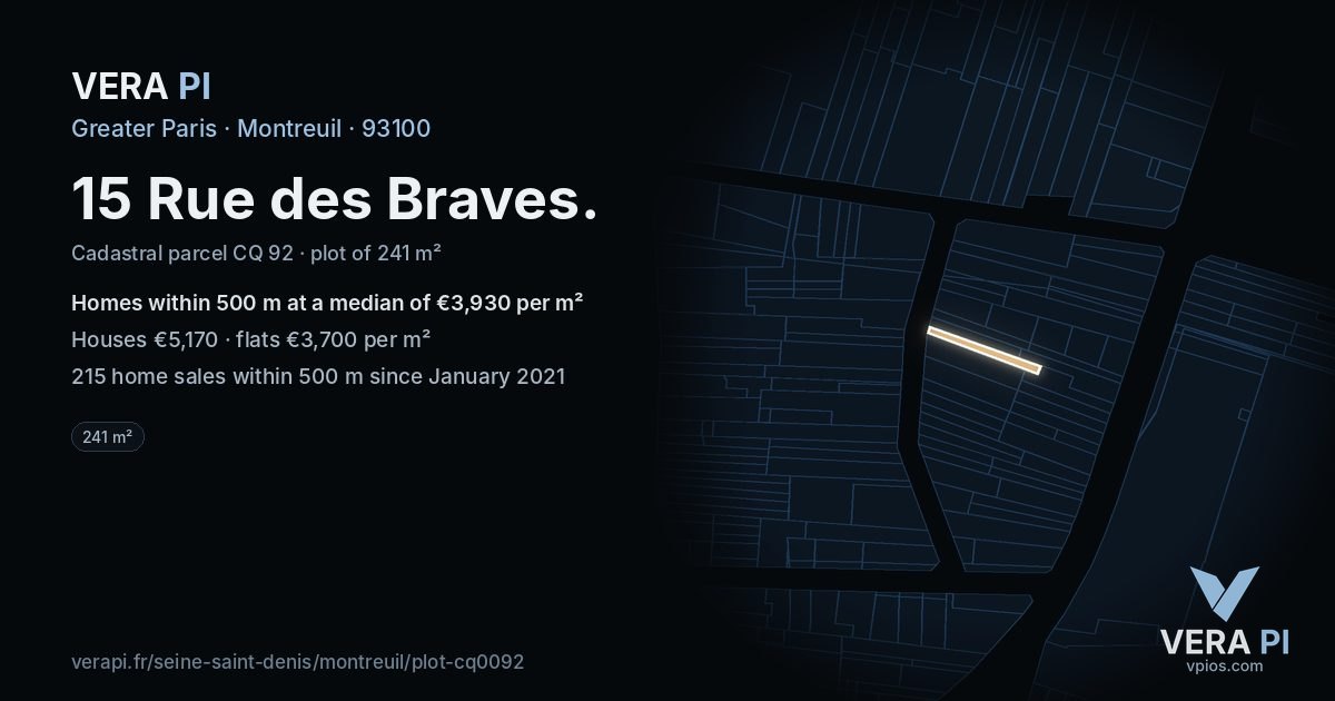 15 Rue des Braves, Montreuil at night – the plot lit, the parcels around coloured by the prices near them