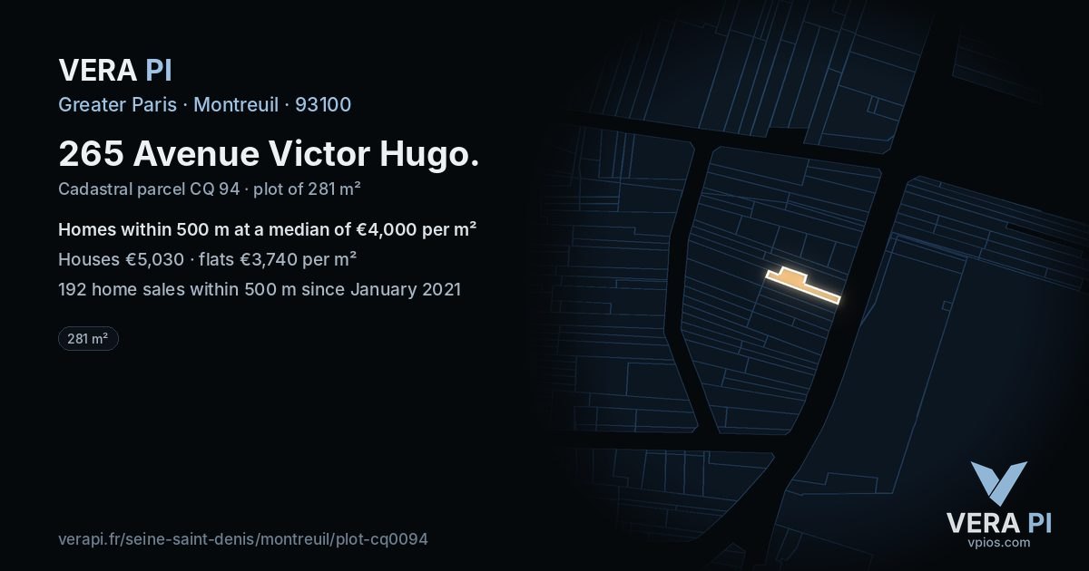 265 Avenue Victor Hugo, Montreuil at night – the plot lit, the parcels around coloured by the prices near them