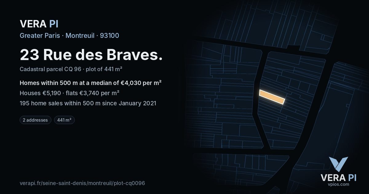 23 Rue des Braves, Montreuil at night – the plot lit, the parcels around coloured by the prices near them