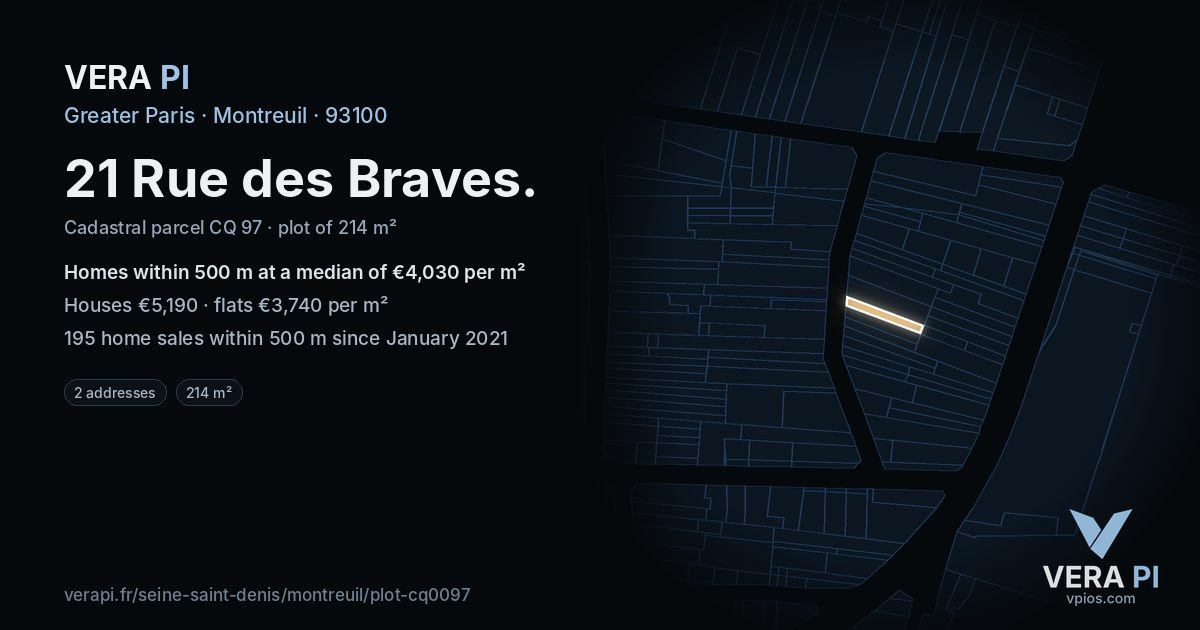 21 Rue des Braves, Montreuil at night – the plot lit, the parcels around coloured by the prices near them