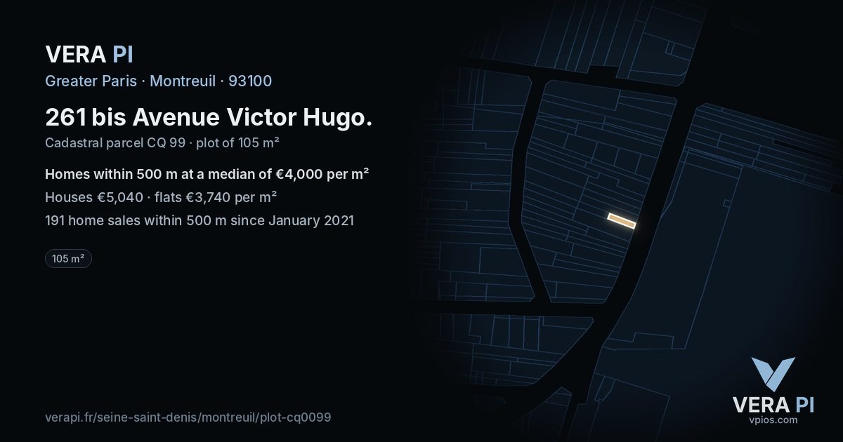 261 bis Avenue Victor Hugo, Montreuil at night – the plot lit, the parcels around coloured by the prices near them