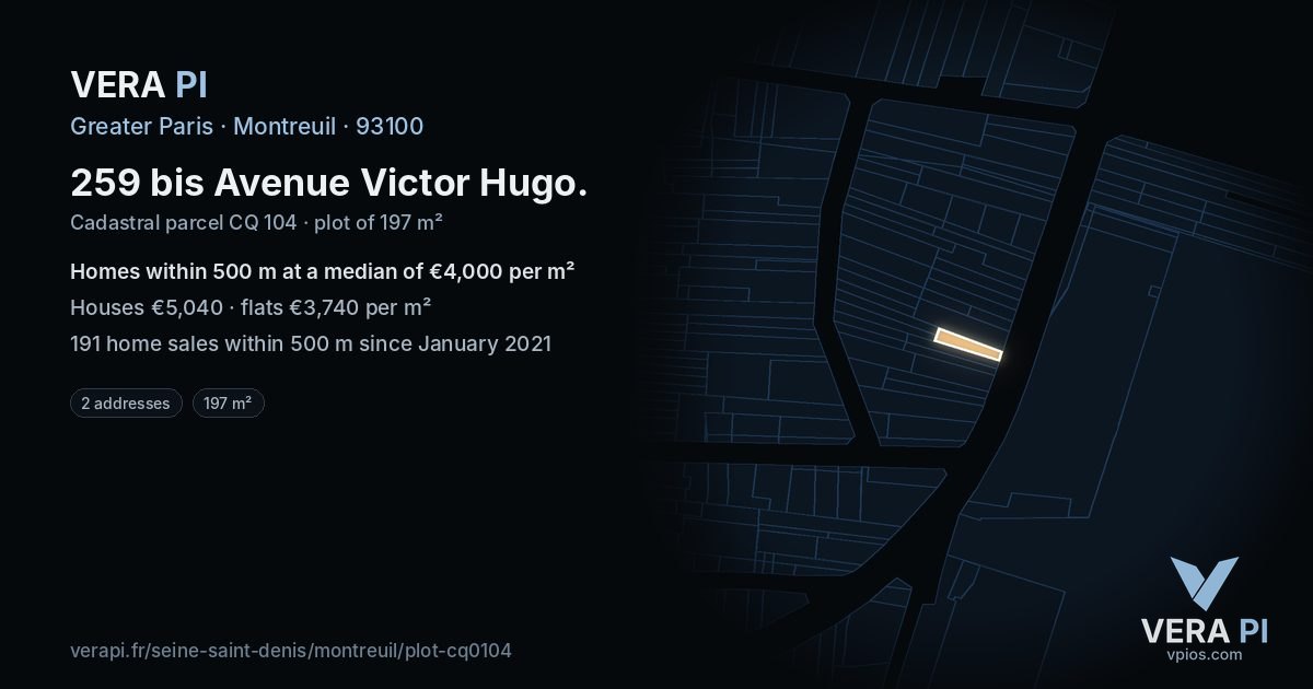 259 bis Avenue Victor Hugo, Montreuil at night – the plot lit, the parcels around coloured by the prices near them