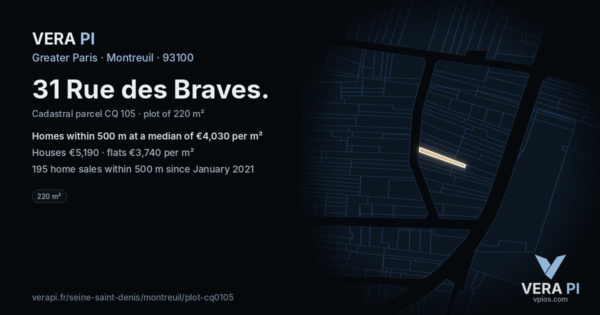 31 Rue des Braves, Montreuil at night – the plot lit, the parcels around coloured by the prices near them