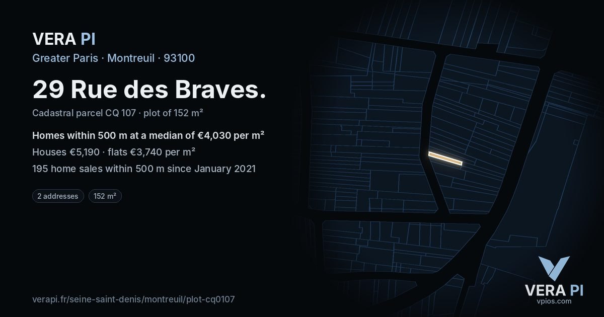 29 Rue des Braves, Montreuil at night – the plot lit, the parcels around coloured by the prices near them