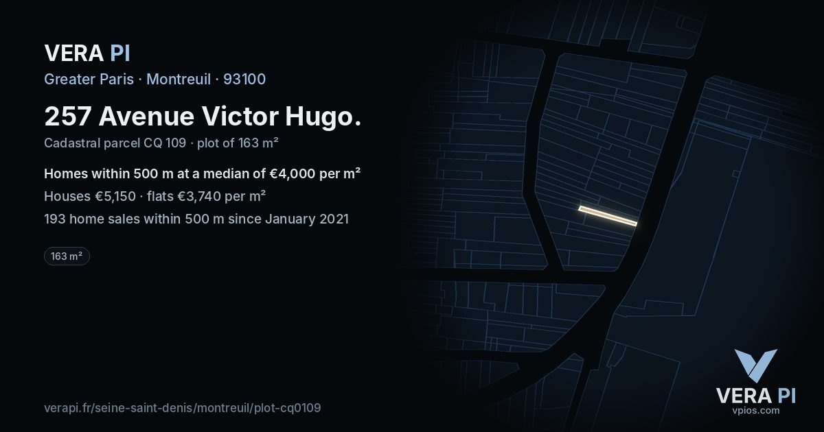 257 Avenue Victor Hugo, Montreuil at night – the plot lit, the parcels around coloured by the prices near them