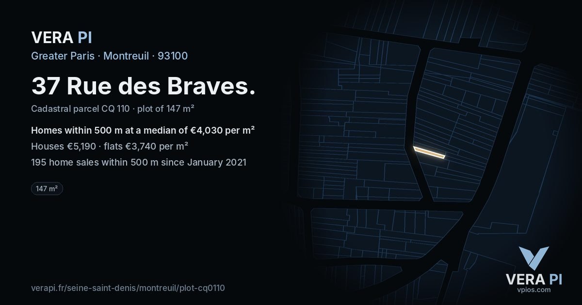 37 Rue des Braves, Montreuil at night – the plot lit, the parcels around coloured by the prices near them