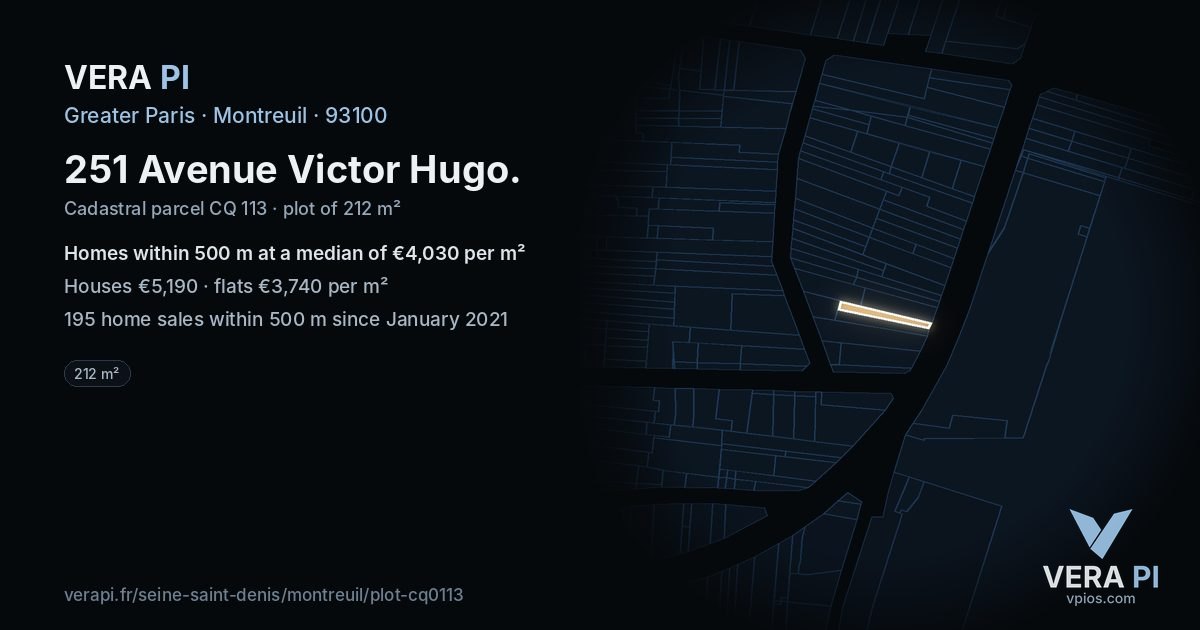 251 Avenue Victor Hugo, Montreuil at night – the plot lit, the parcels around coloured by the prices near them