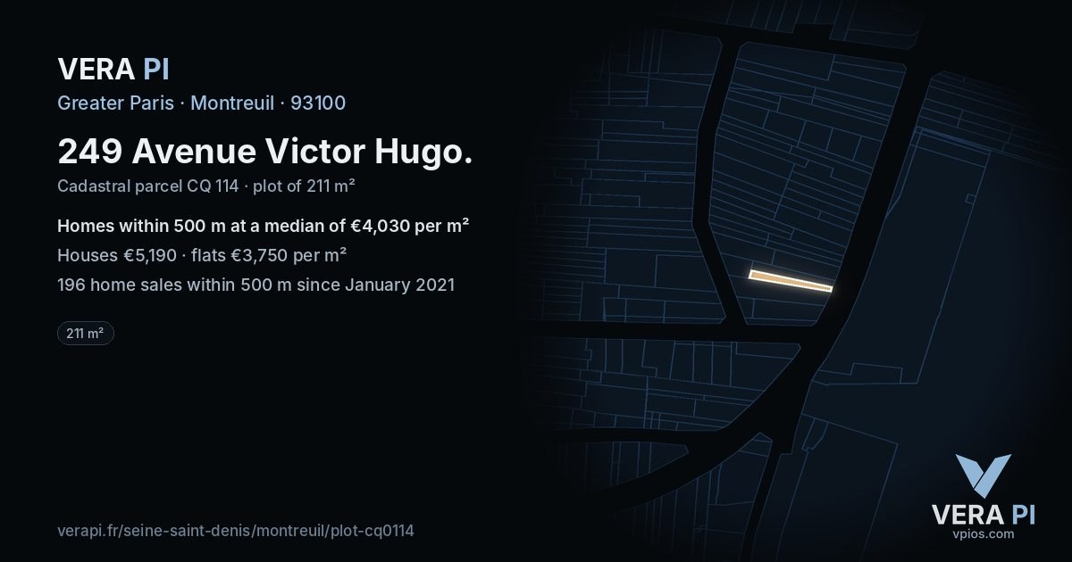 249 Avenue Victor Hugo, Montreuil at night – the plot lit, the parcels around coloured by the prices near them