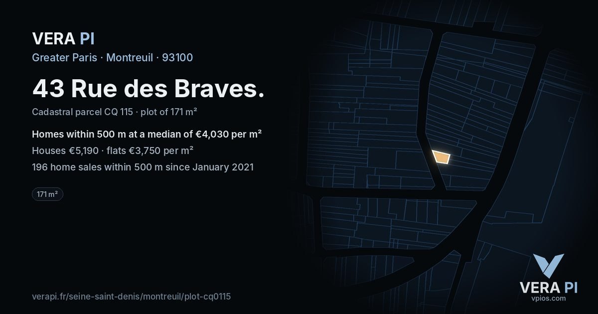 43 Rue des Braves, Montreuil at night – the plot lit, the parcels around coloured by the prices near them