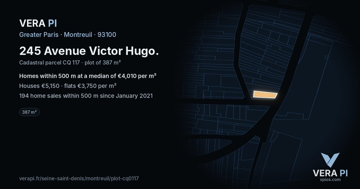 245 Avenue Victor Hugo, Montreuil at night – the plot lit, the parcels around coloured by the prices near them