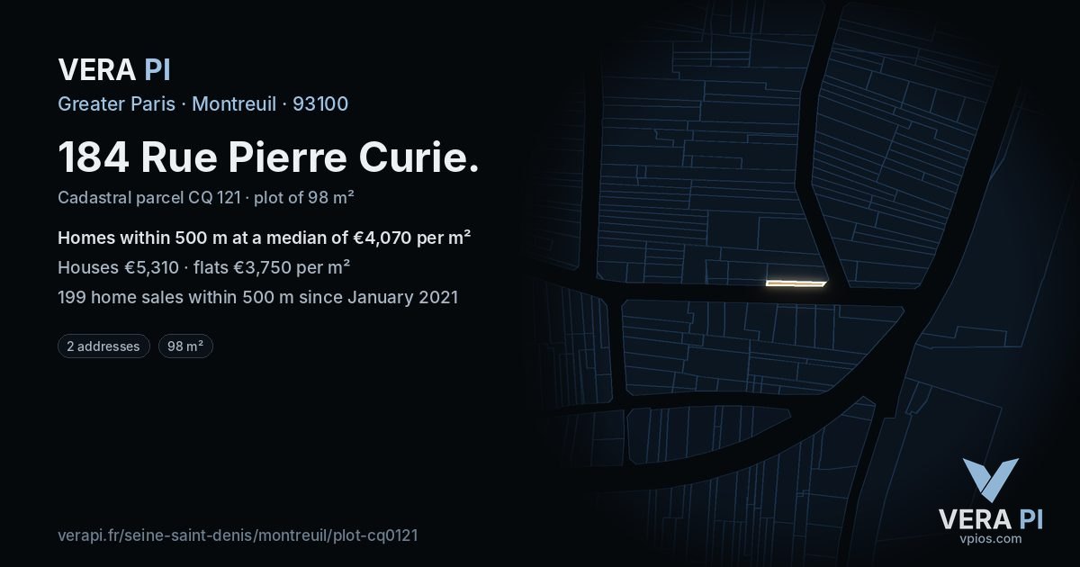 184 Rue Pierre Curie, Montreuil at night – the plot lit, the parcels around coloured by the prices near them