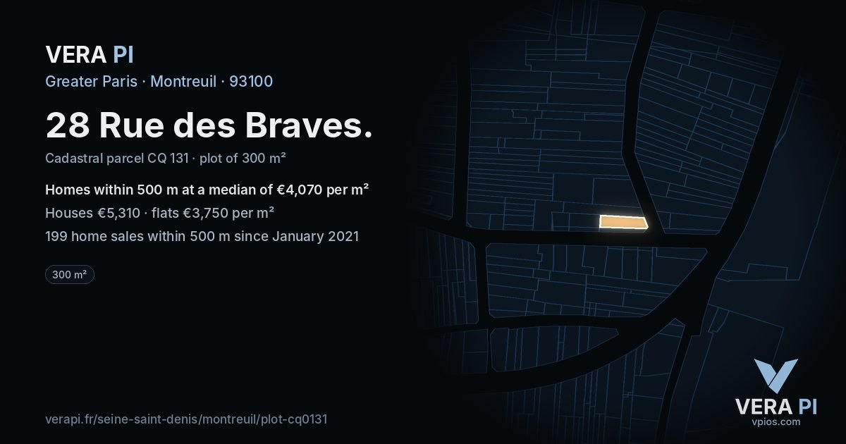 28 Rue des Braves, Montreuil at night – the plot lit, the parcels around coloured by the prices near them