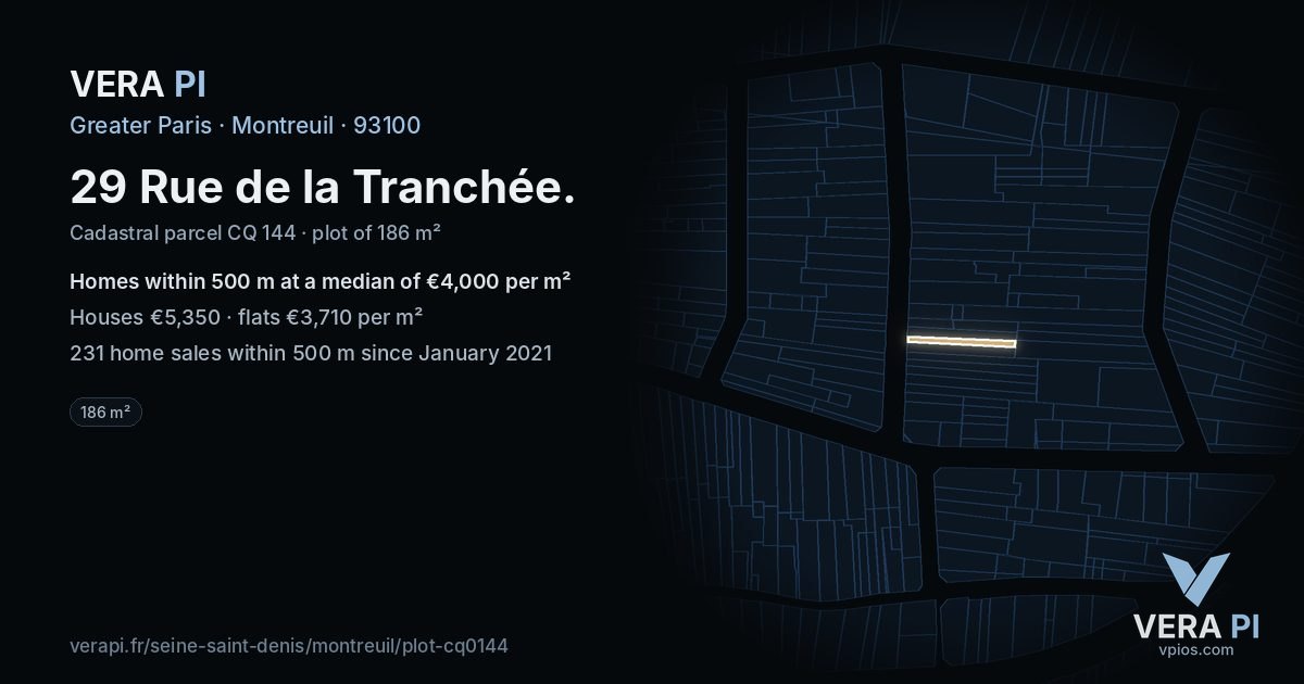 29 Rue de la Tranchée, Montreuil at night – the plot lit, the parcels around coloured by the prices near them