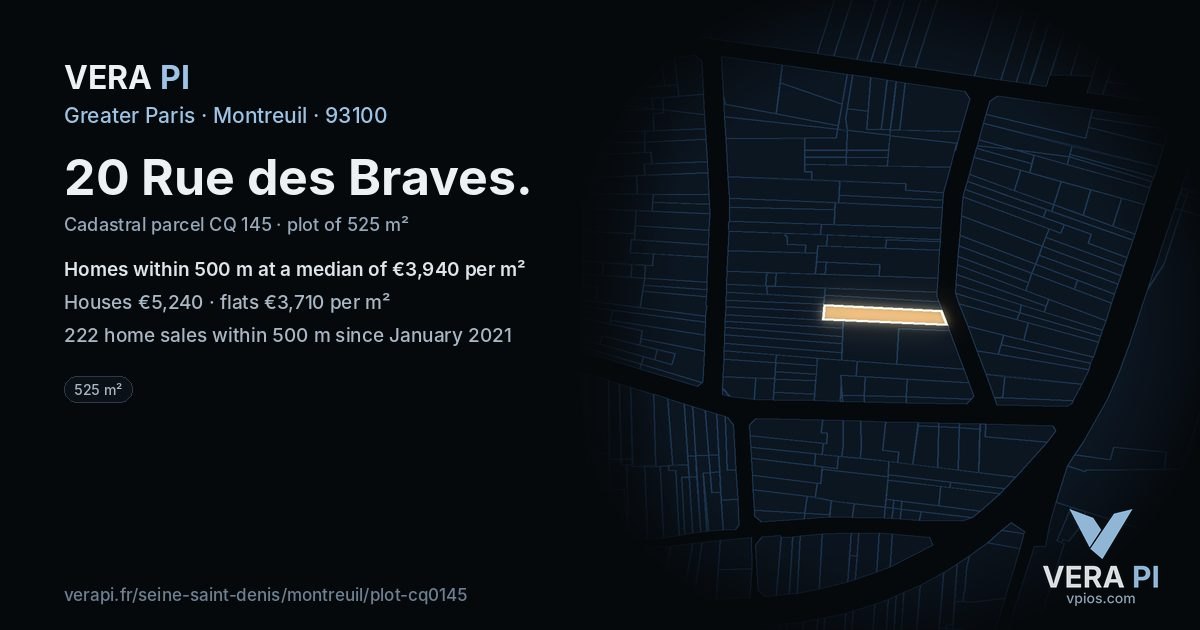 20 Rue des Braves, Montreuil at night – the plot lit, the parcels around coloured by the prices near them