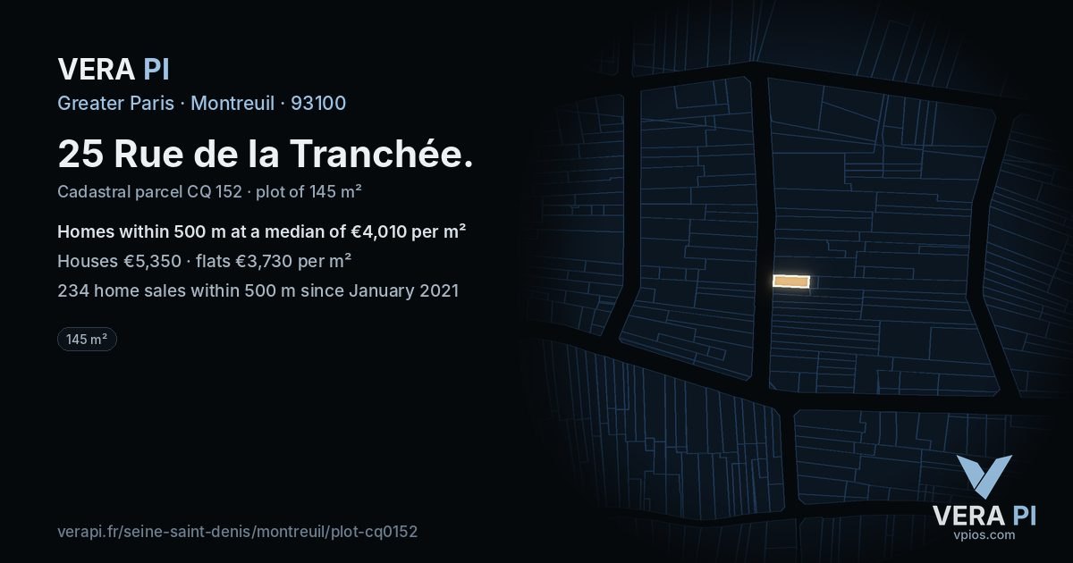 25 Rue de la Tranchée, Montreuil at night – the plot lit, the parcels around coloured by the prices near them