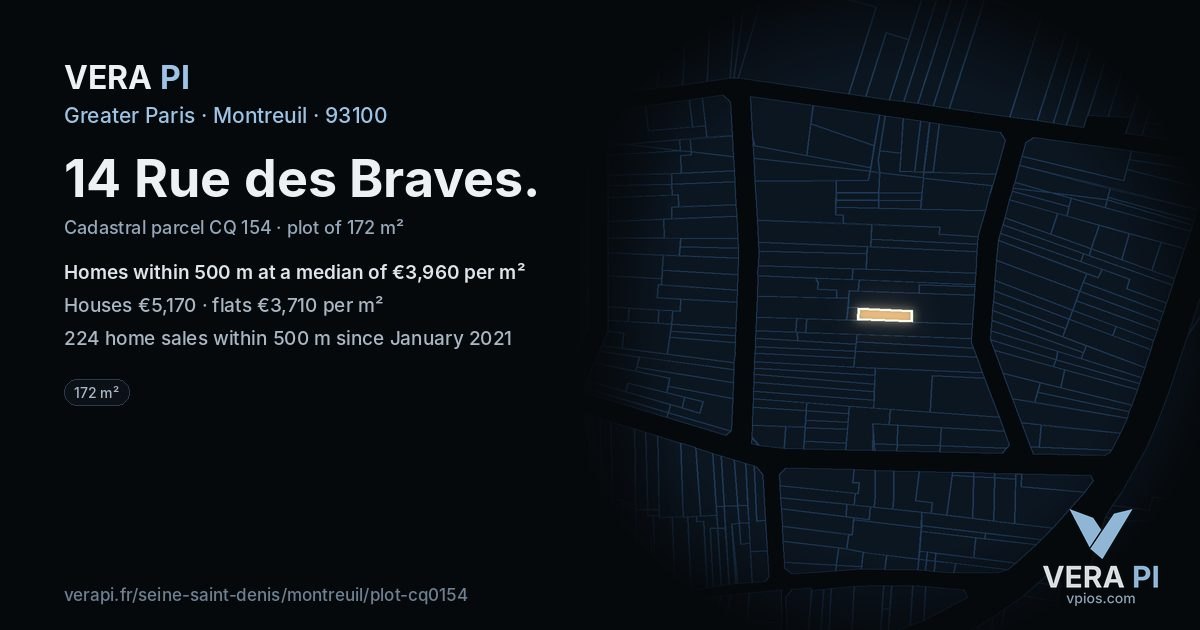 14 Rue des Braves, Montreuil at night – the plot lit, the parcels around coloured by the prices near them