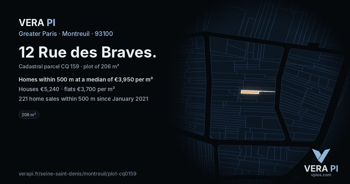 12 Rue des Braves, Montreuil at night – the plot lit, the parcels around coloured by the prices near them