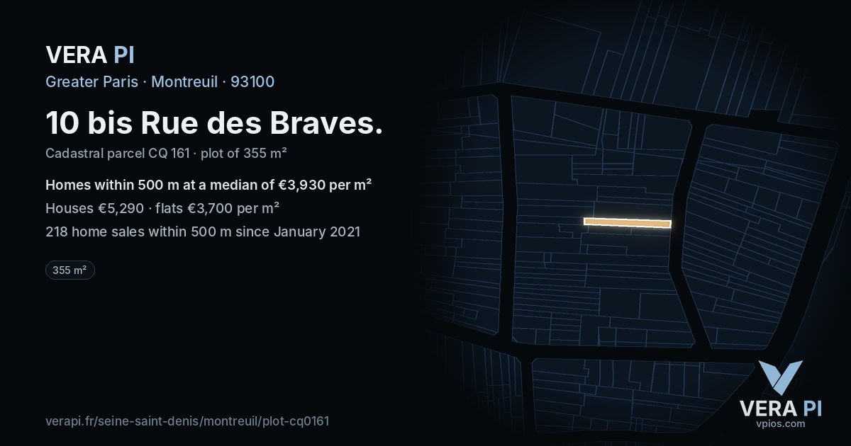 10 bis Rue des Braves, Montreuil at night – the plot lit, the parcels around coloured by the prices near them