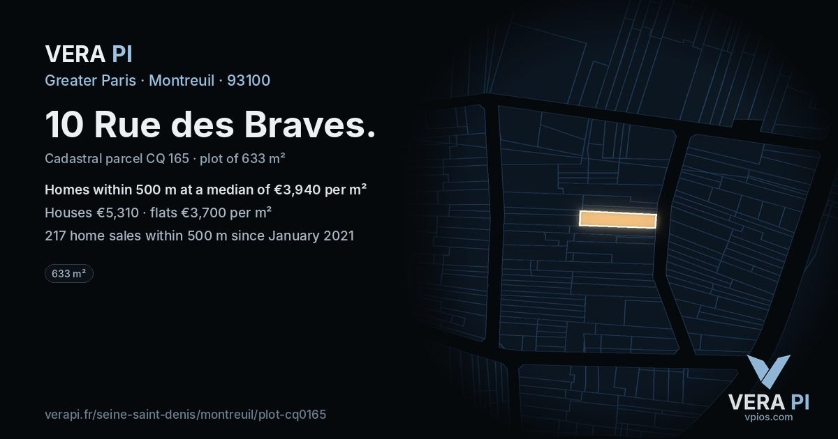 10 Rue des Braves, Montreuil at night – the plot lit, the parcels around coloured by the prices near them