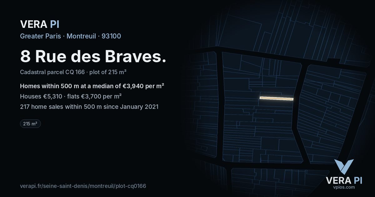 8 Rue des Braves, Montreuil at night – the plot lit, the parcels around coloured by the prices near them