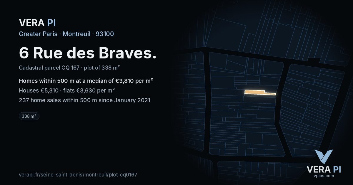 6 Rue des Braves, Montreuil at night – the plot lit, the parcels around coloured by the prices near them