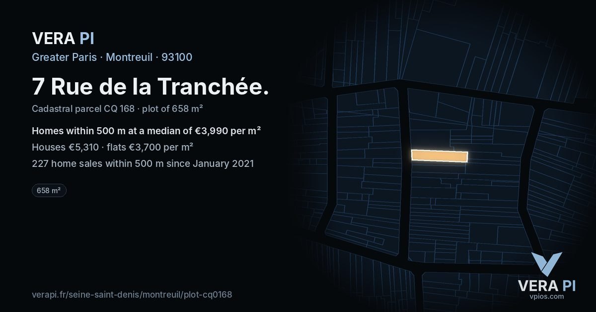 7 Rue de la Tranchée, Montreuil at night – the plot lit, the parcels around coloured by the prices near them
