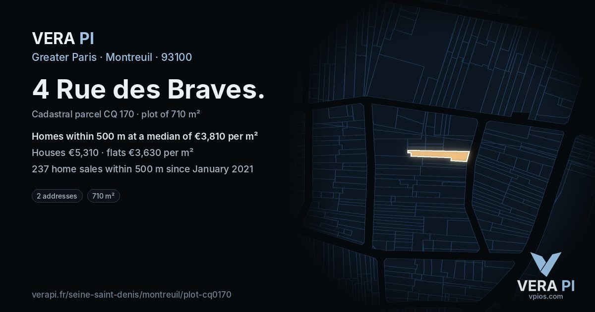 4 Rue des Braves, Montreuil at night – the plot lit, the parcels around coloured by the prices near them