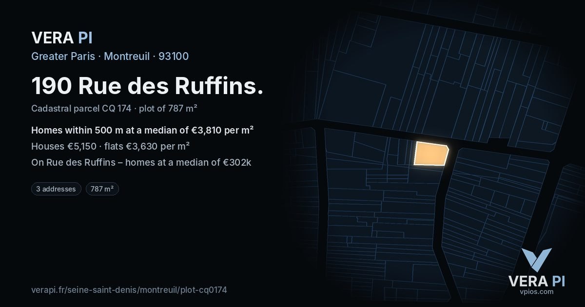 190 Rue des Ruffins, Montreuil at night – the plot lit, the parcels around coloured by the prices near them