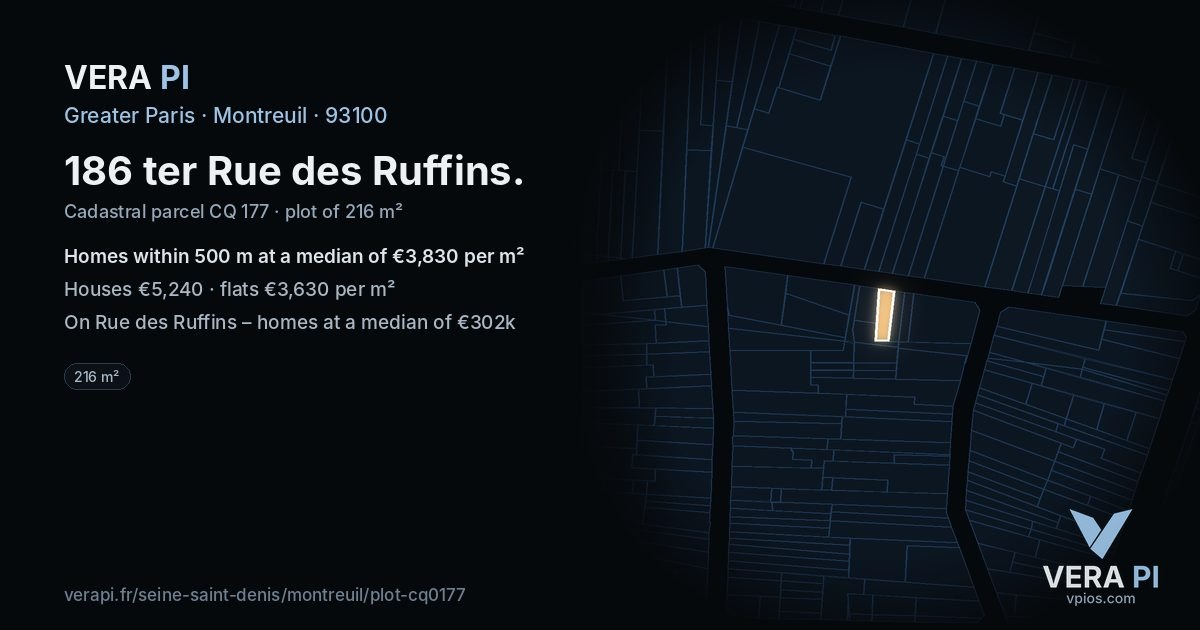 186 ter Rue des Ruffins, Montreuil at night – the plot lit, the parcels around coloured by the prices near them